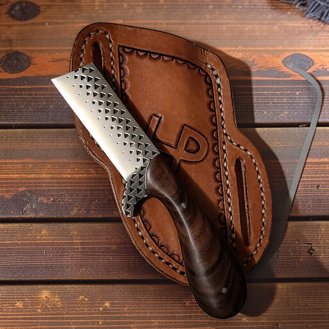 The Rustler – Custom Handmade Farrier Rasp Steel Bull Cutter Knife with Burl Rosewood Handle & Leather Sheath