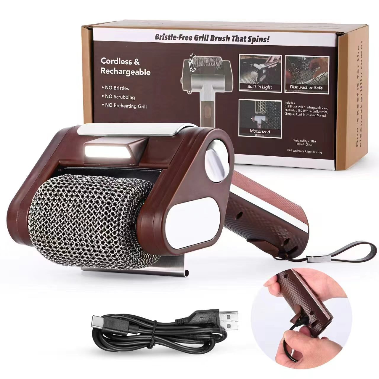 New Stainless Steel Roller With LED Lights For Removing Burnt Food Brushless Barbecue Grill