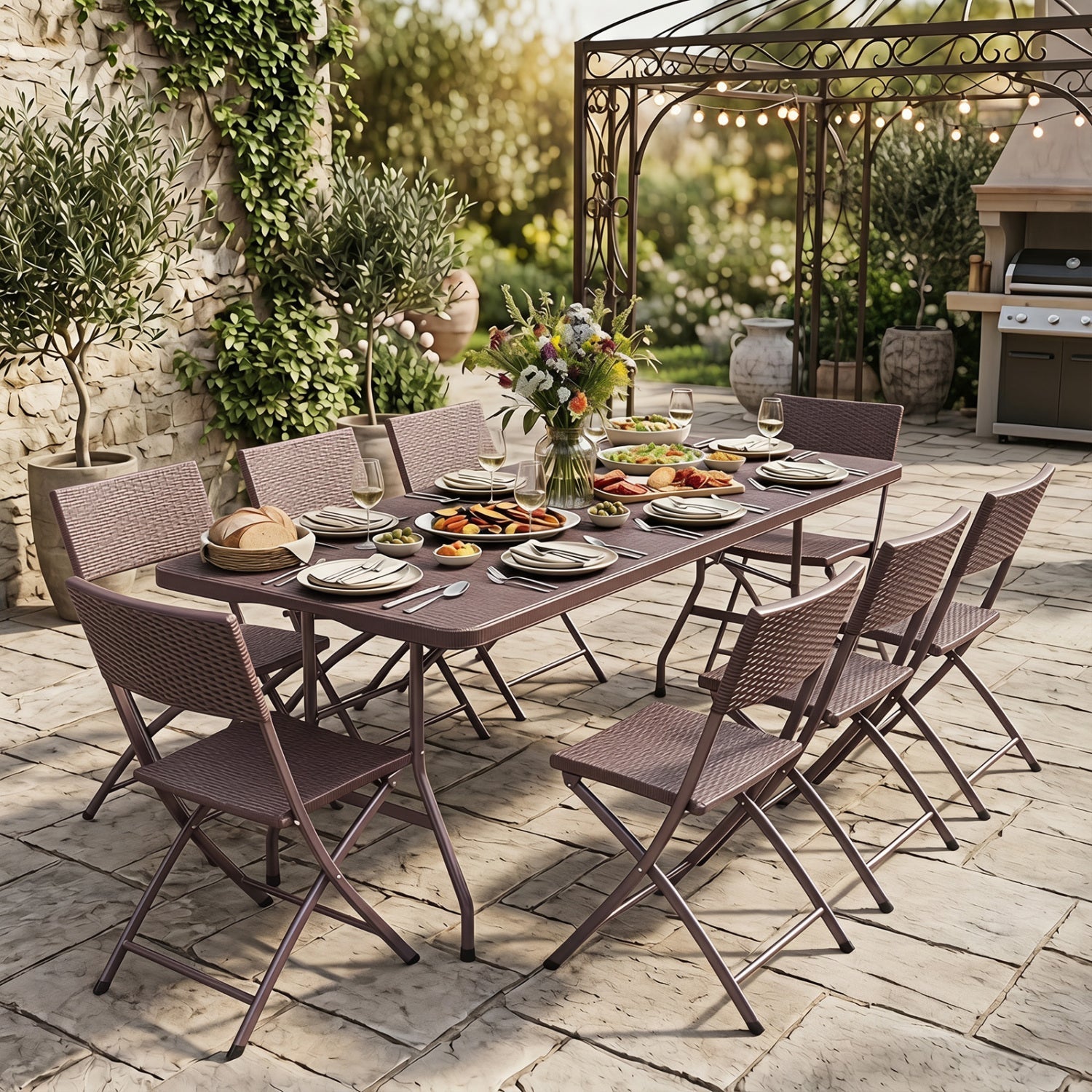 6 FT Fold-in-Half Camping Table with Rattan Texture