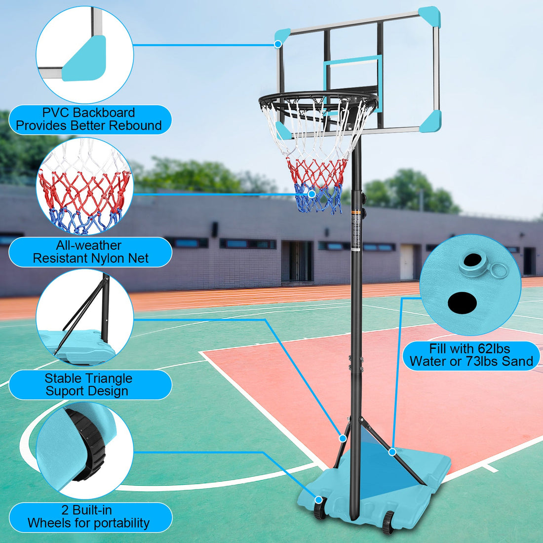 Portable Adjustable Basketball Goal System with Stable Wheels