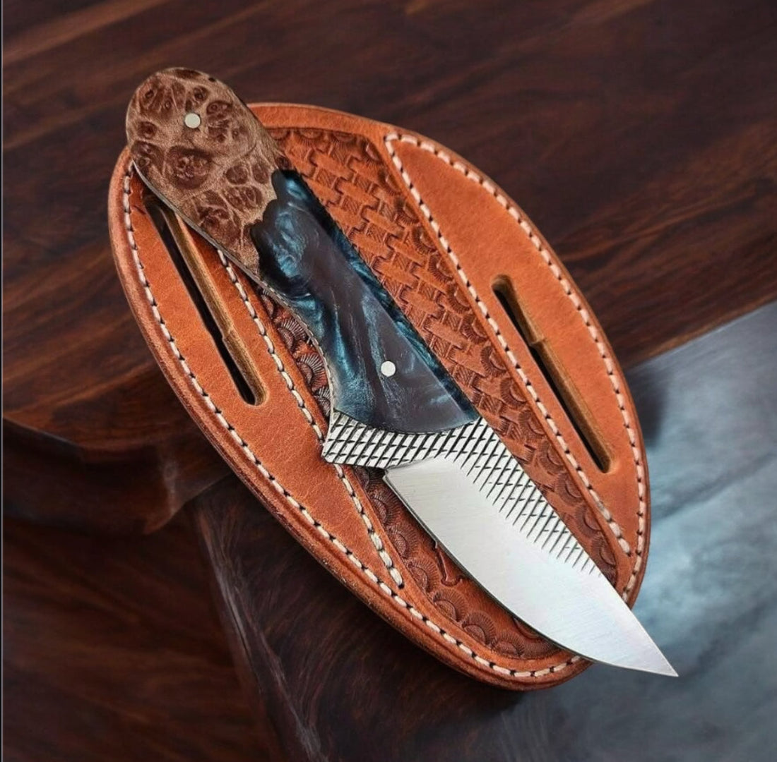 Handcrafted Cowboy Fixed Blade Knife – 8" Rasp Steel Outdoor Knife with Resin & Wood Handle + Leather Sheath