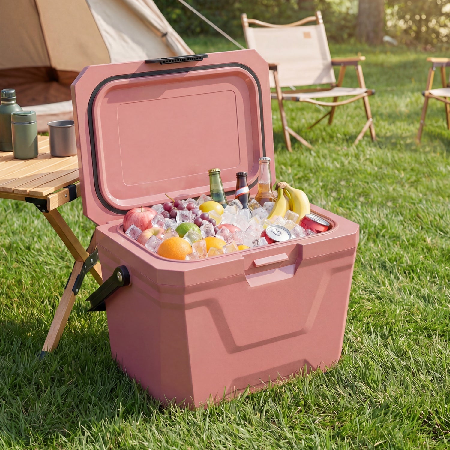 Insulated Portable Cooler Hard Shell Ice Chest with 2 Cup Holders