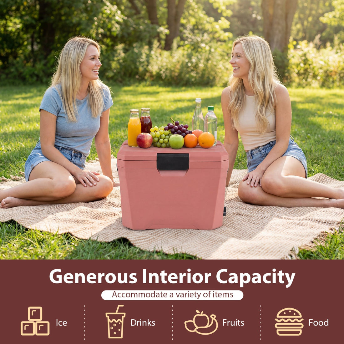 Insulated Portable Cooler Hard Shell Ice Chest with 2 Cup Holders
