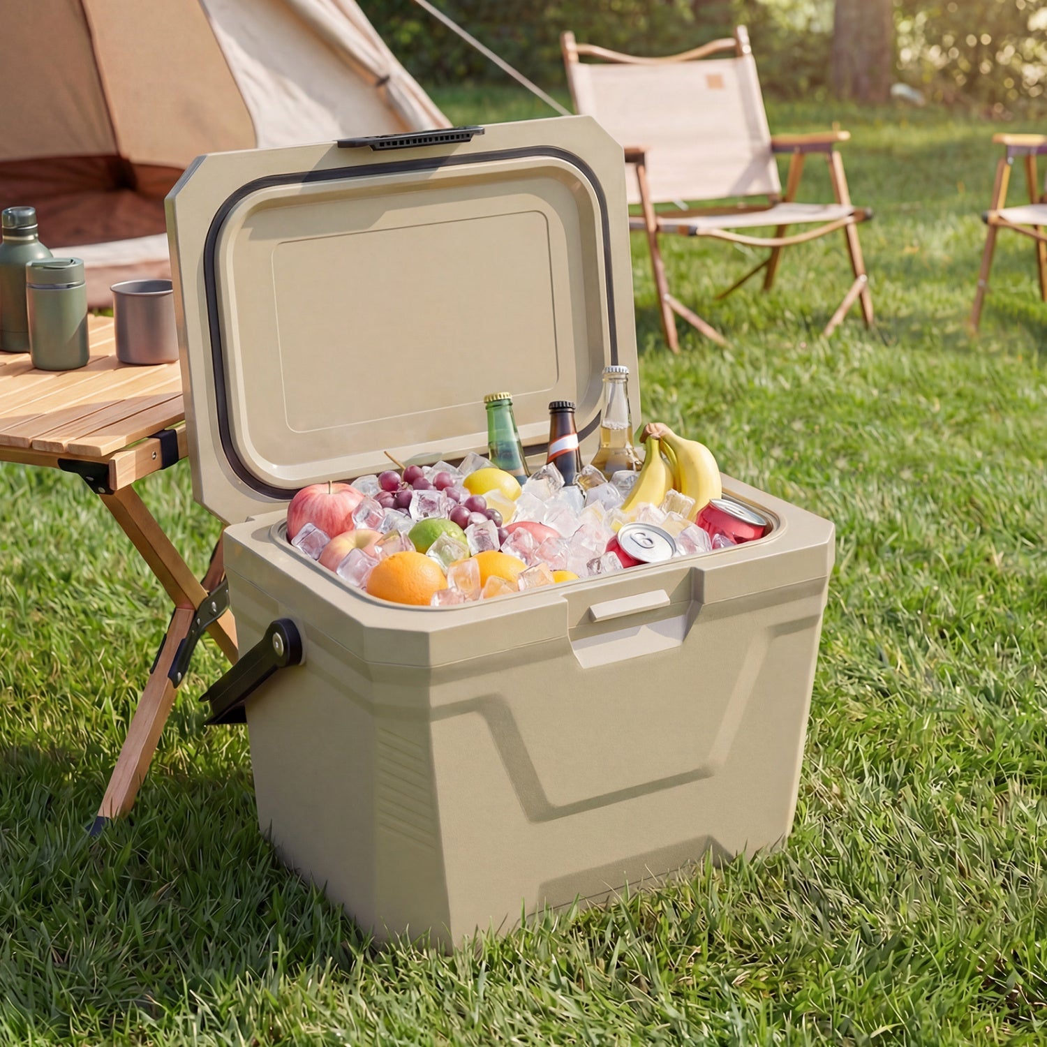 Insulated Portable Cooler Hard Shell Ice Chest with 2 Cup Holders