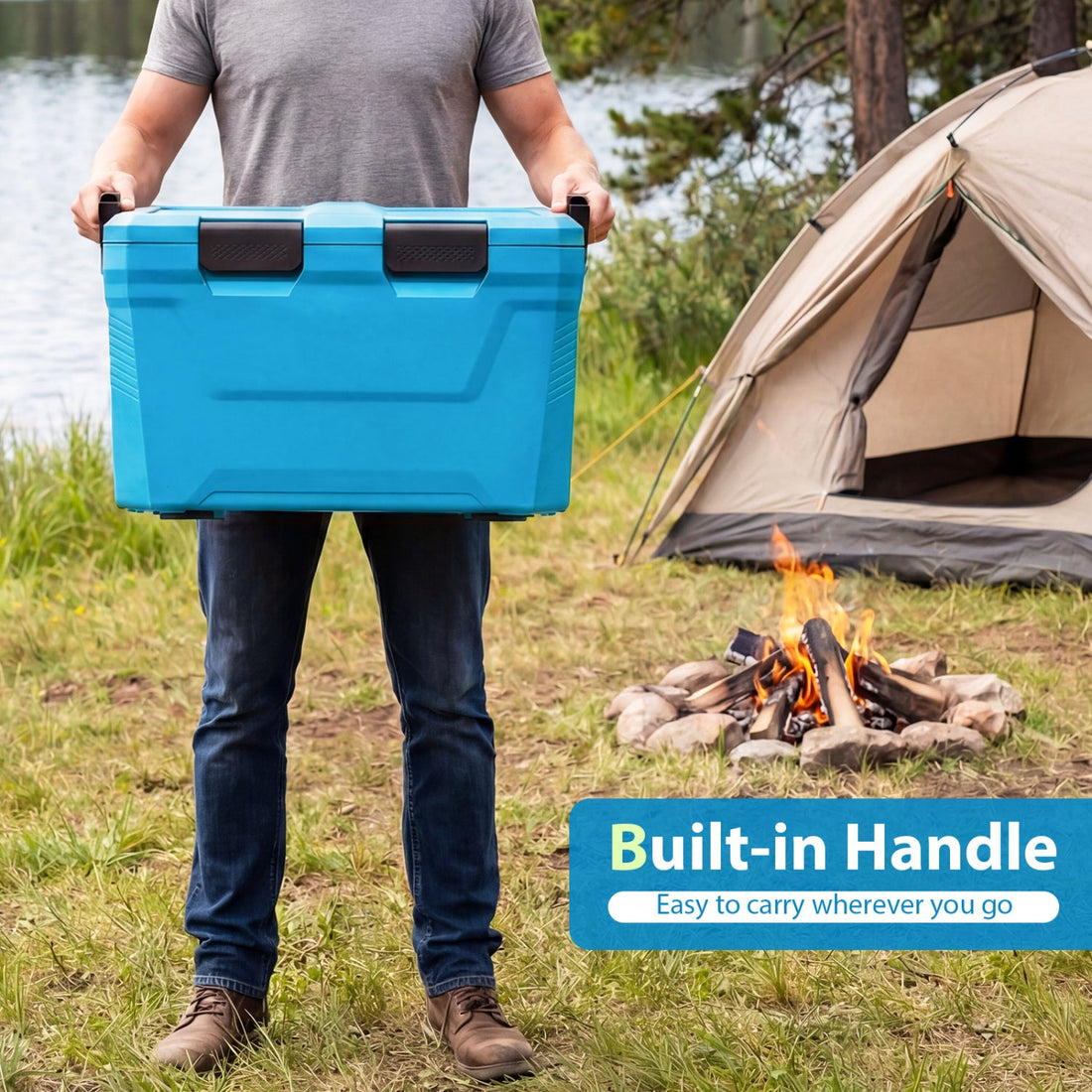 Insulated Portable Cooler Hard Shell Ice Chest with 2 Cup Holders Bottle Opener and Drain Plug