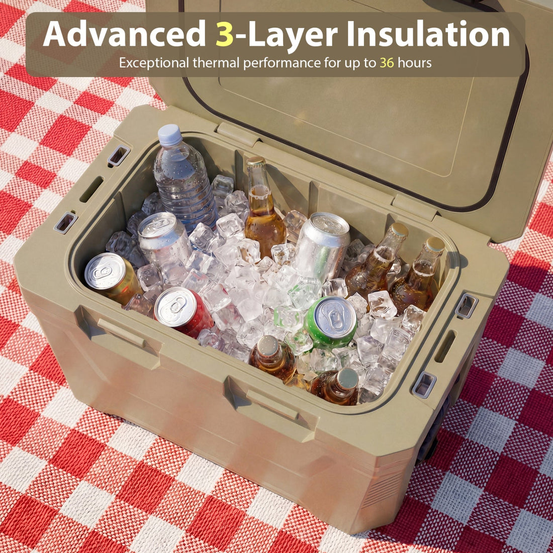 Insulated Portable Cooler Hard Shell Ice Chest with 2 Cup Holders Bottle Opener and Drain Plug
