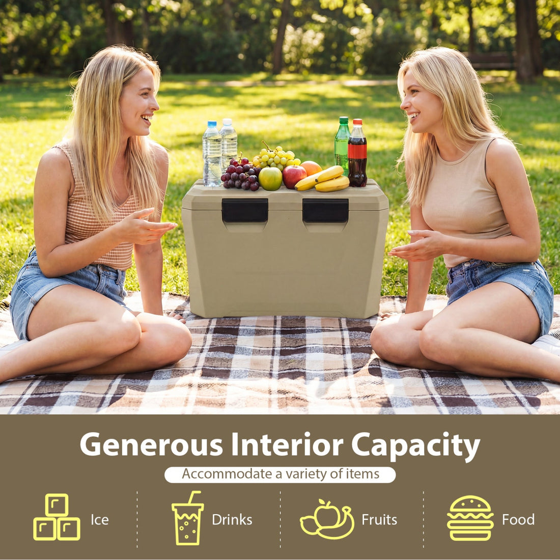 Insulated Portable Cooler Hard Shell Ice Chest with 2 Cup Holders Bottle Opener and Drain Plug