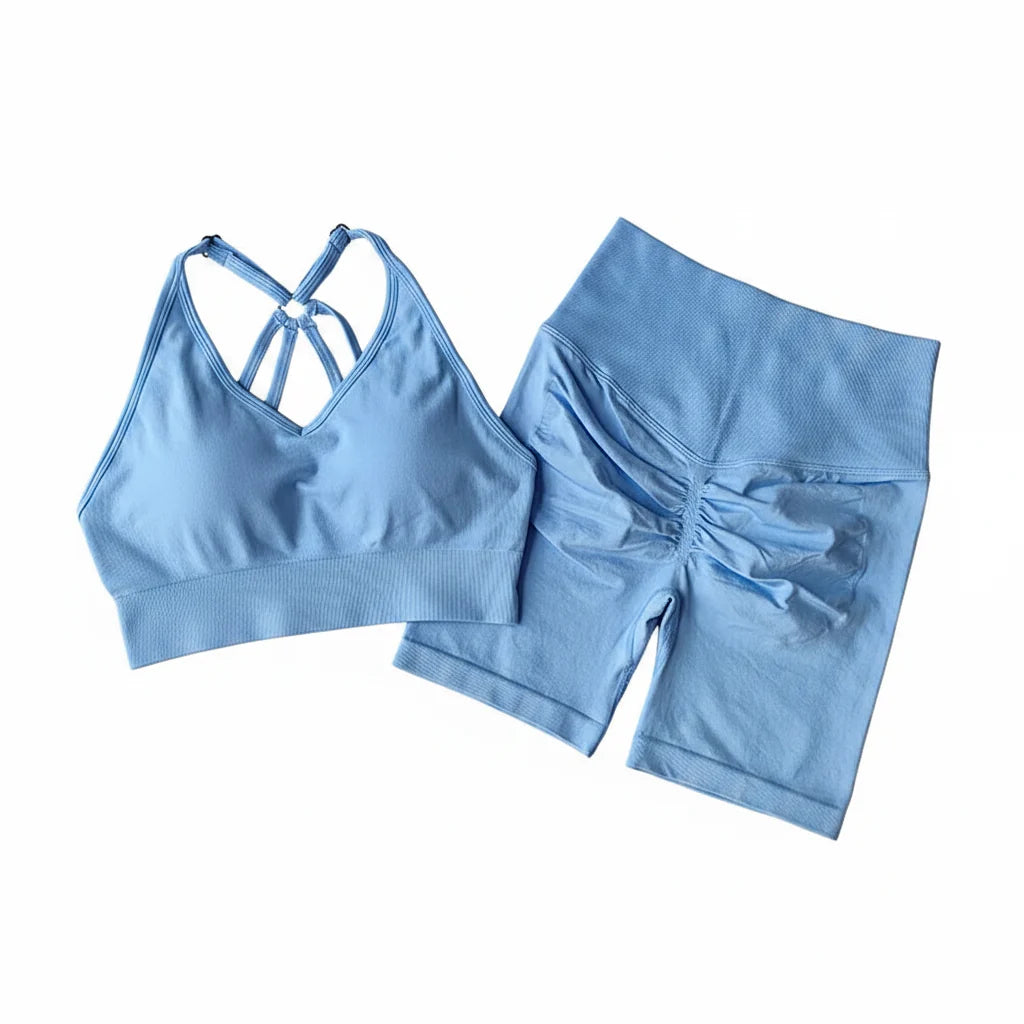 Women’s V-Back Sports Bra Set with High-Waist Shorts