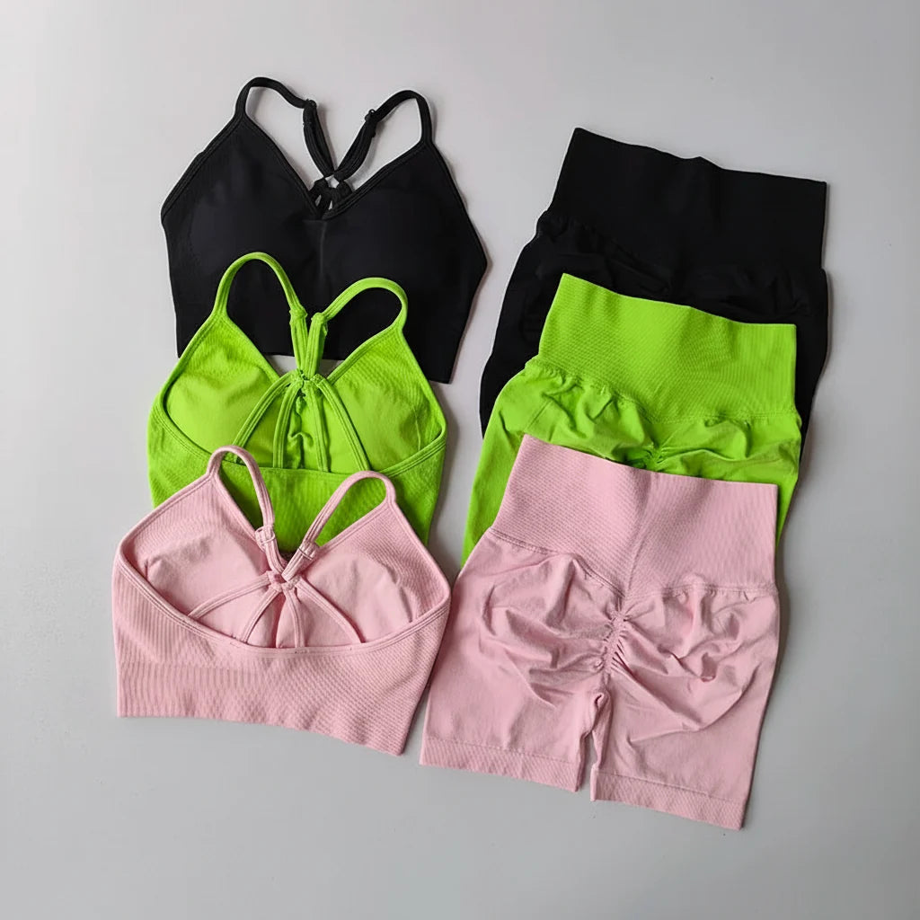 Women’s V-Back Sports Bra Set with High-Waist Shorts