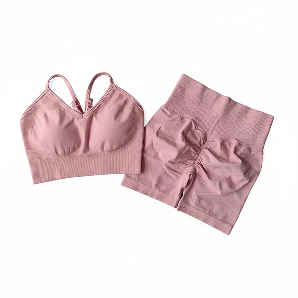 Women’s V-Back Sports Bra Set with High-Waist Shorts