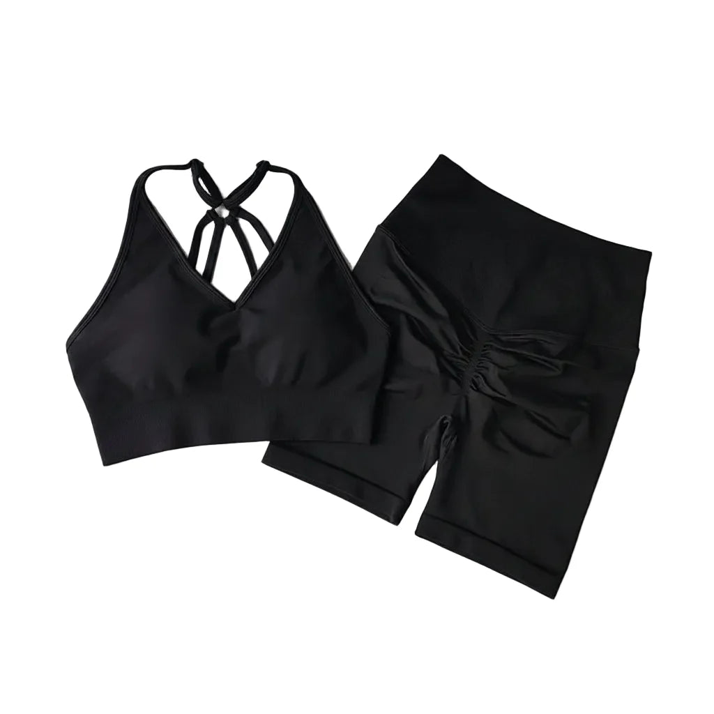 Women’s V-Back Sports Bra Set with High-Waist Shorts