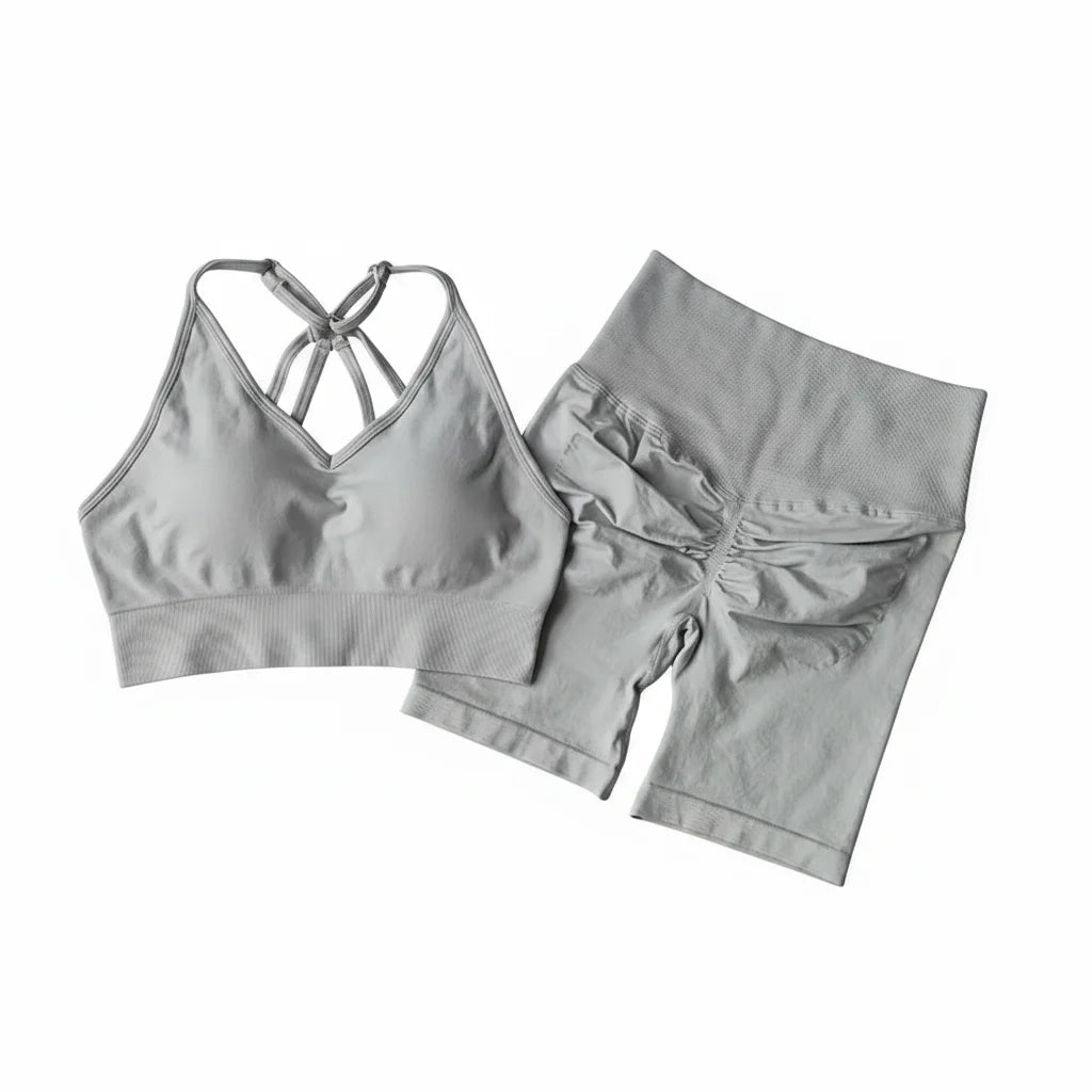 Women’s V-Back Sports Bra Set with High-Waist Shorts