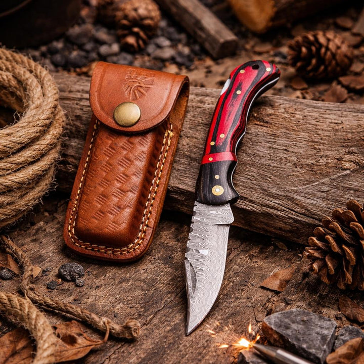 Damascus Steel – Trailing Point Folding Pocket Knife – Red & Black Pakkawood Handle – Brass Hardware & Leather Sheath – Hunting, Camping & EDC - TF-077