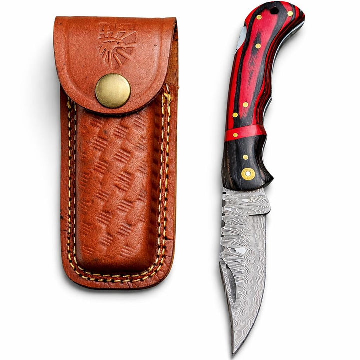 Damascus Steel – Trailing Point Folding Pocket Knife – Red & Black Pakkawood Handle – Brass Hardware & Leather Sheath – Hunting, Camping & EDC - TF-077
