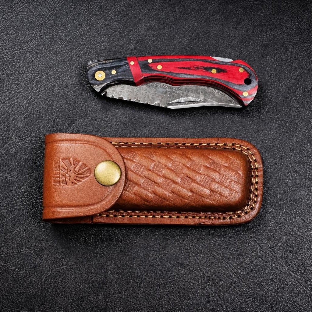 Damascus Steel – Trailing Point Folding Pocket Knife – Red & Black Pakkawood Handle – Brass Hardware & Leather Sheath – Hunting, Camping & EDC - TF-077