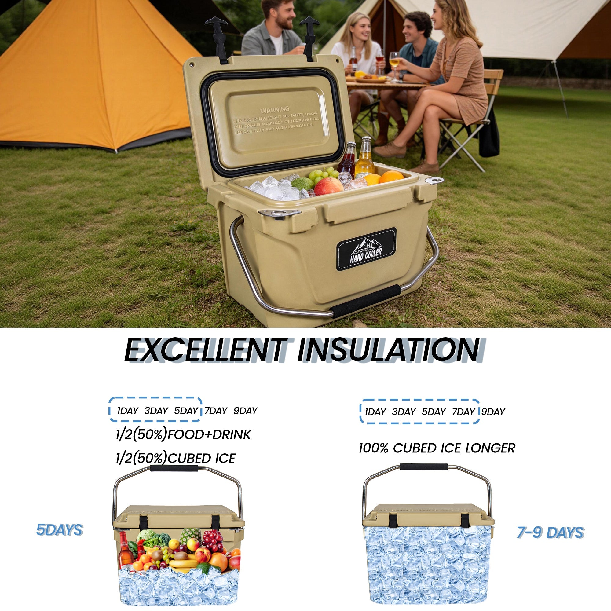 20 Quart Khaki Cooler, Ultra-Tough Hard Shell Ice Chest