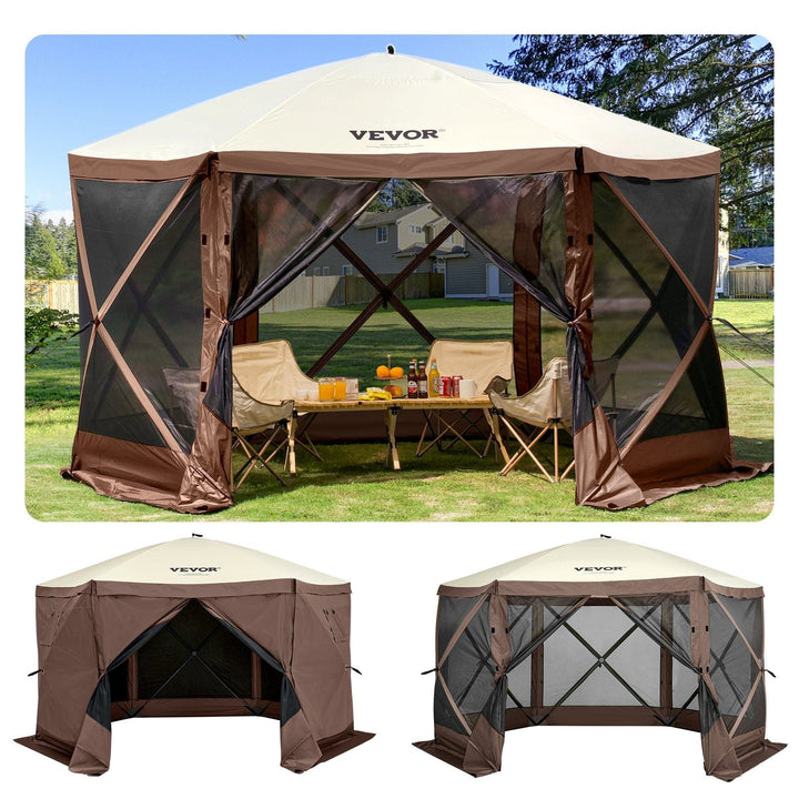 Camping Gazebo Screen Tent, 12*12ft, 6 Sided Pop-up Canopy Shelter Tent with Mesh Windows, Portable Carry Bag, Stakes, Large Shade Tents for Outdoor Camping, Lawn and Backyard, Brown/Beige