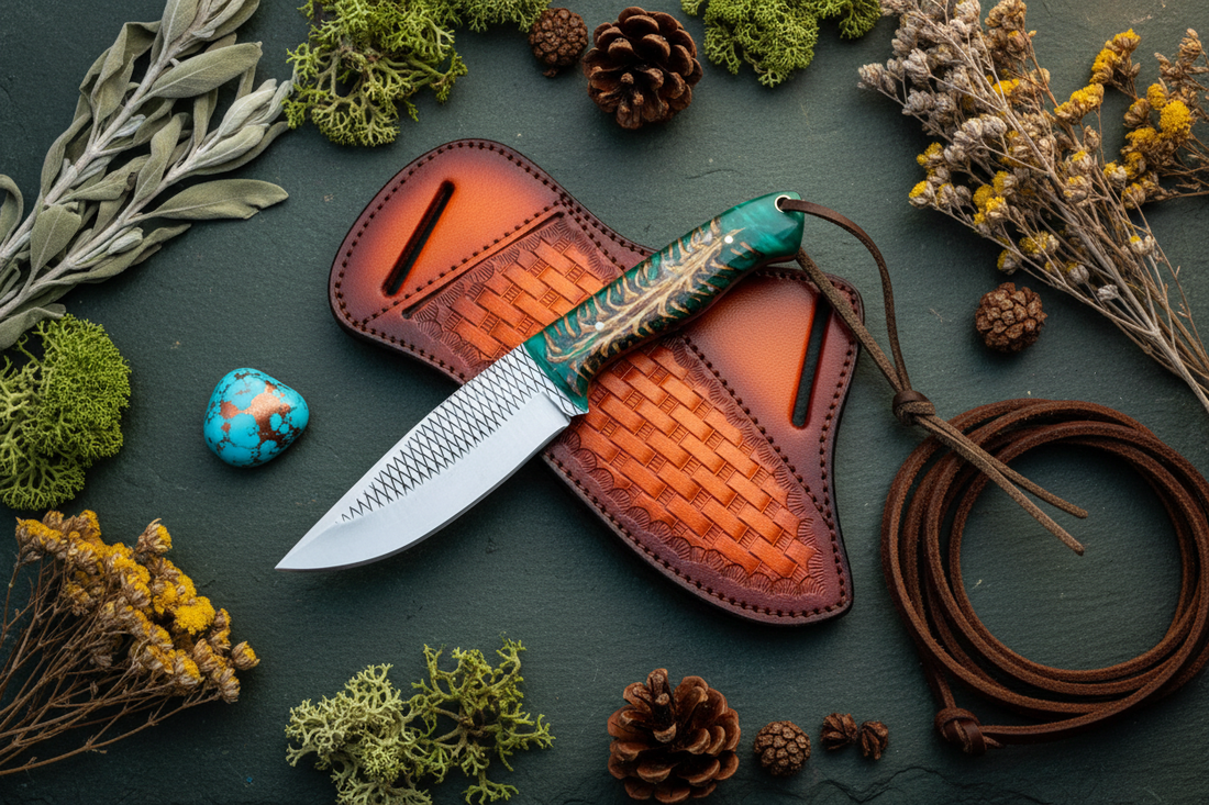 Rasp Steel Western Utility Knife – Green Pine Cone Resin Handle & Leather Sheath | 8"