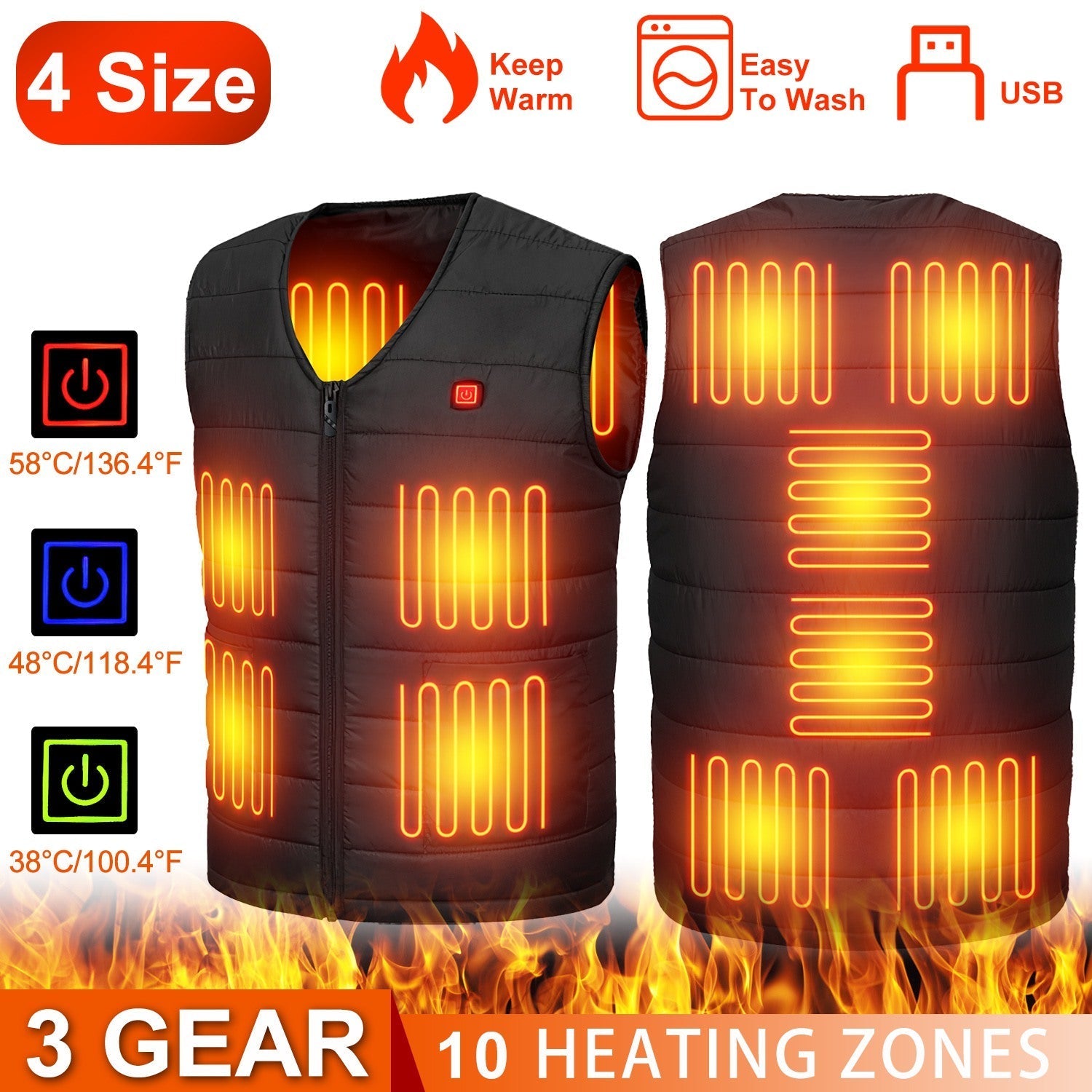 Heat Jacket Vest 3 Heating Gear Adjustable USB Heated Vest Warm Heat Coat Vest with 10 Heating Pads For Men Women Winter Outdoor Activity
