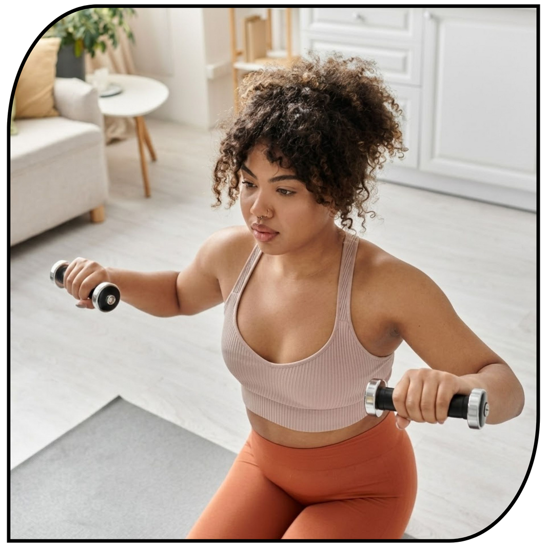 Woman performing dumbbell shoulder exercise during effective home strength training workout.