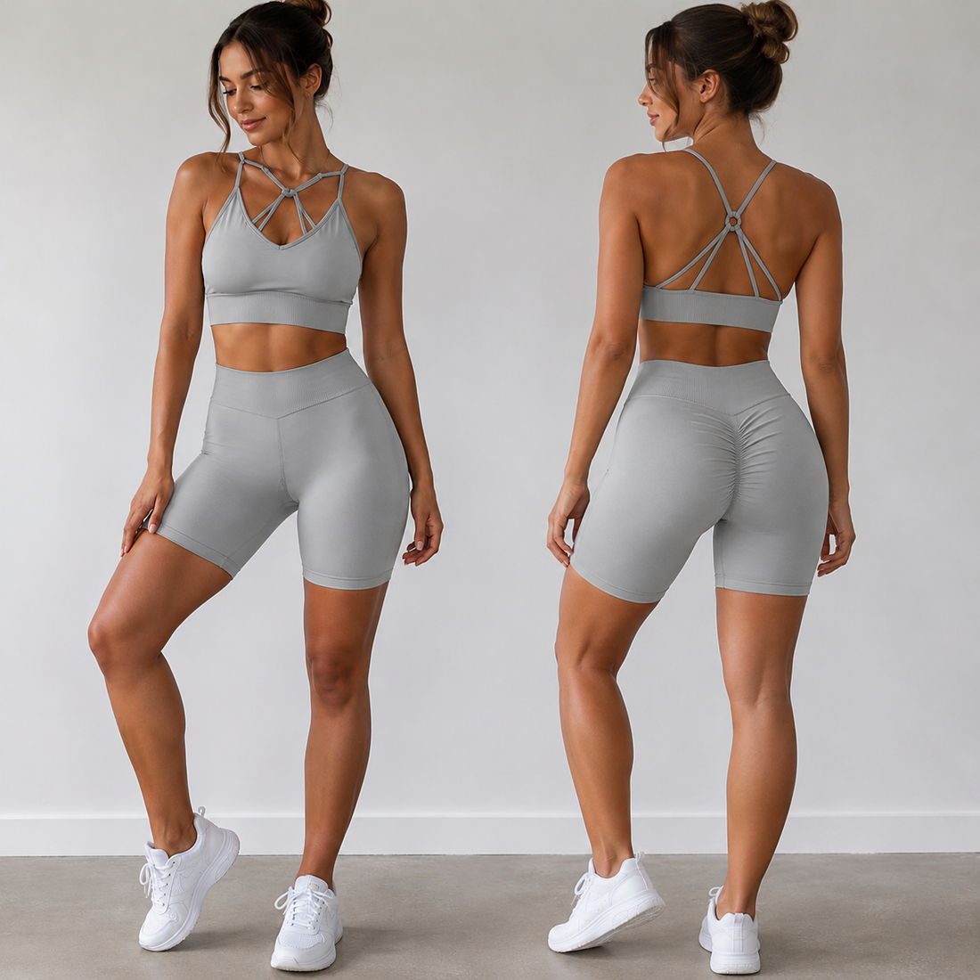 Women’s V-Back Sports Bra Set with High-Waist Shorts