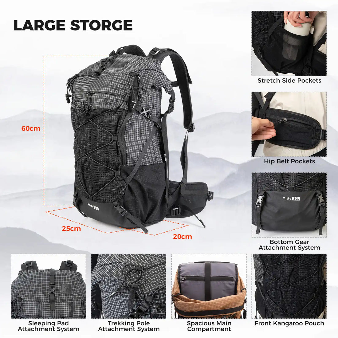 30-35L Waterproof Hiking Backpack Lightweight Outdoor Daypack